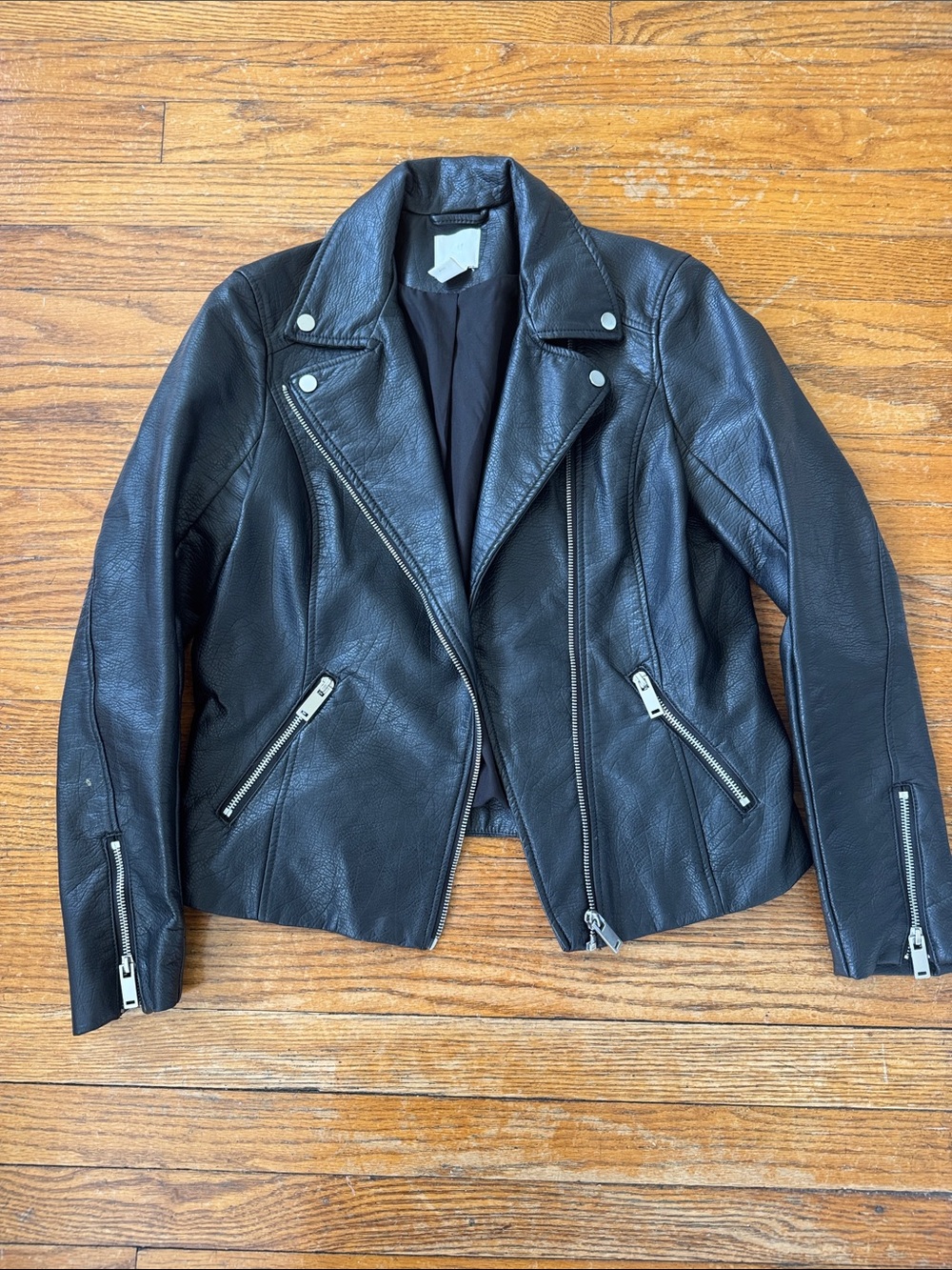 H&M Black Faux Leather Moto Jacket with Silver Hardware